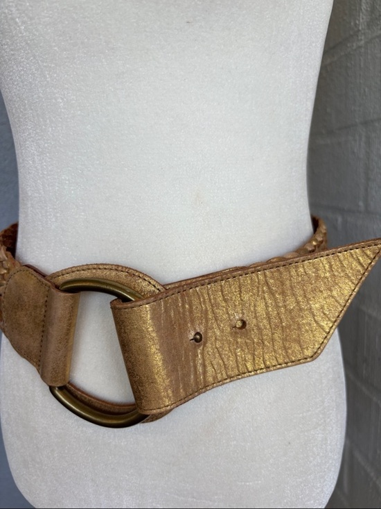 Linea Pelle Leather Brass Gold Braided Waist Belt with Round Ring sz S